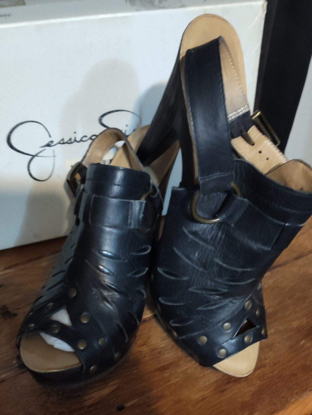 Jessica Simpson Black Leather Peep-Toe Slingback Heels with Rivet Details NWT